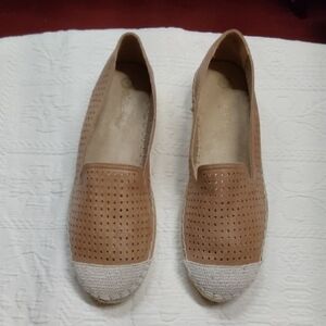 Women's Tan Slip-On Perforated leather Espadrille Flats